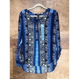 NWT Nine West Blue Long Sleeve Button Placket Geometric Pattern Blouse‎ Large
